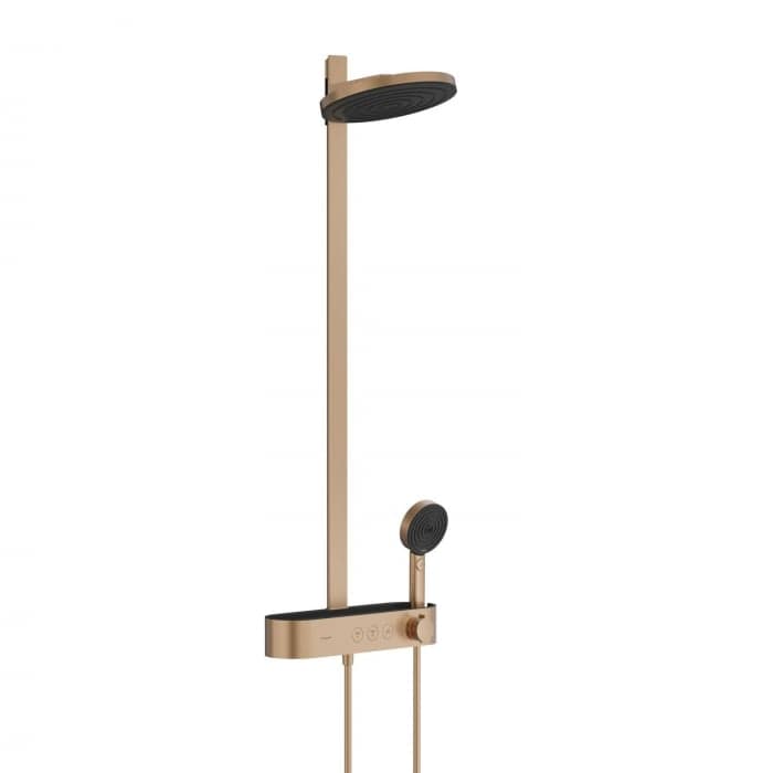 Set de dus cu baterie termostatata, palarie 26 cm, 3 jeturi, bronz periat, Hansgrohe Pulsify S