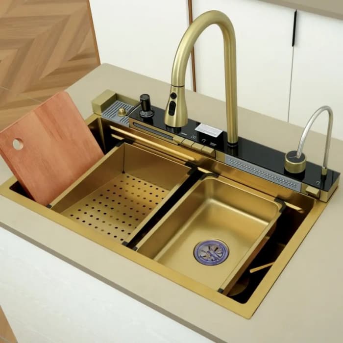 Set chiuveta bucatarie multifunctionala cu accesorii din inox 750x460, auriu periat, Top Ceramic