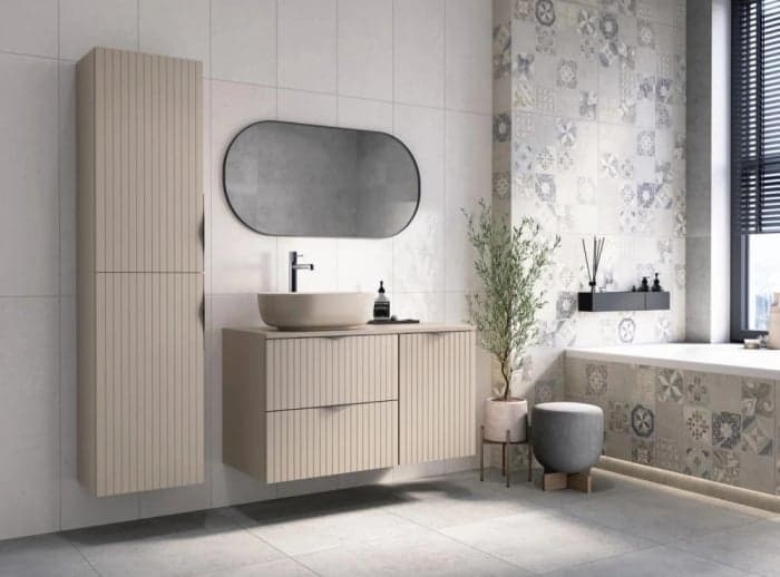 Set mobilier baie complet cu riflaje Cersanit Tirso cu lavoar, dulap suspendat si oglinda