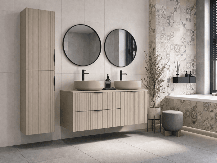 Set mobilier baie complet cu riflaje Cersanit Tirso cu 2 lavoare, dulap suspendat si 2 oglinzi