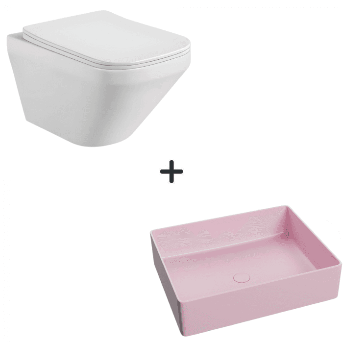 Set vas wc rimless cu capac soft close Bristol plus lavoar baie dreptunghiular roz mat
