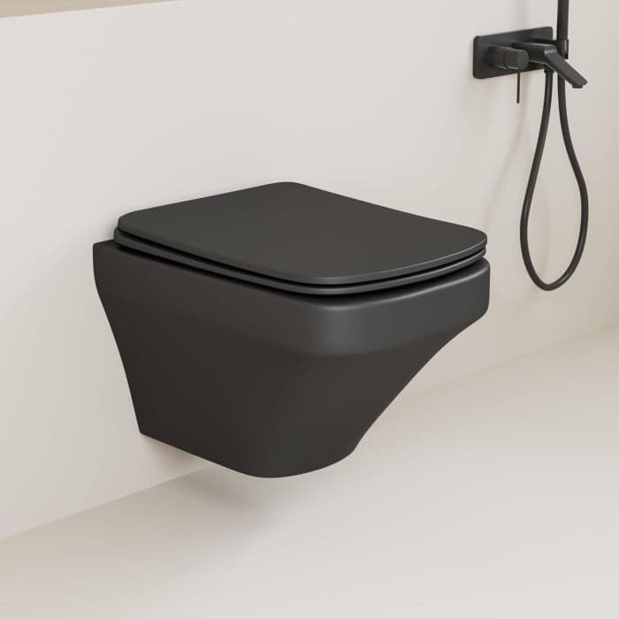 Set vas wc rimless suspendat negru mat, dreptunghiular, capac slim softclose, Foglia Bristol