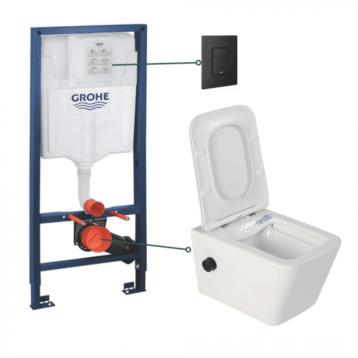 Set vas wc suspendat cu functie bideu alb si baterie inclusa negru mat Foglia Safari, rezervor Grohe Solido 3 in 1 cu clapeta neagru mat Even