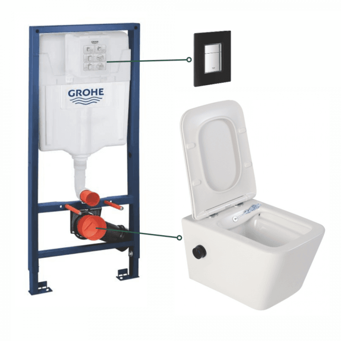 Set vas wc suspendat cu functie bideu alb si baterie inclusa negru mat Foglia Safari, rezervor wc si clapeta neagra din sticla, Grohe