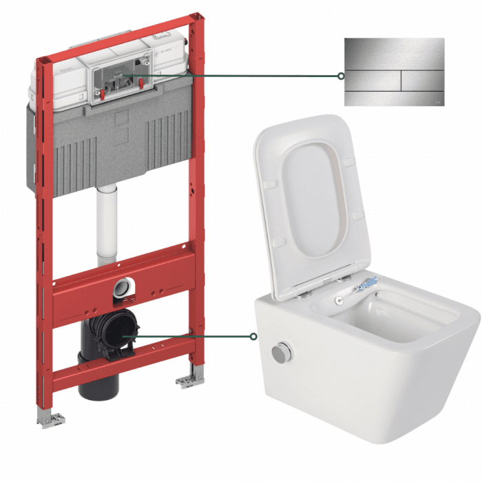 Set vas wc suspendat cu functie bideu si capac soft close, baterie crom Foglia Safari, rezervor incastrat TECEprofil si clapeta de actionare otel periat, TECE Square