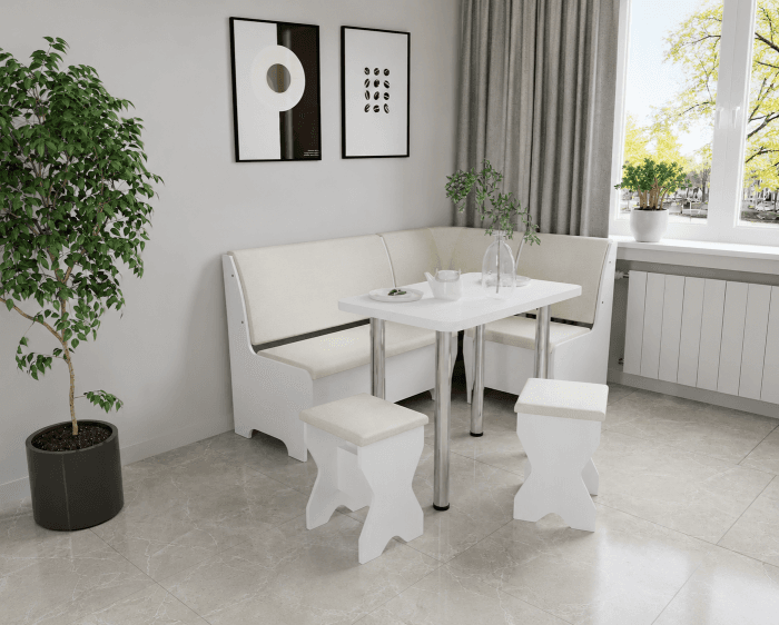 Set coltar bucatarie Tunis cu masa si 2 tabureti Alb Fildes