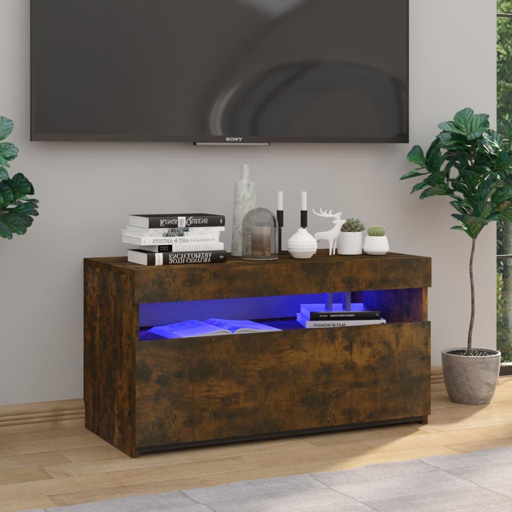 vidaXL Comoda TV cu lumini LED, stejar fumuriu, 75x35x40 cm