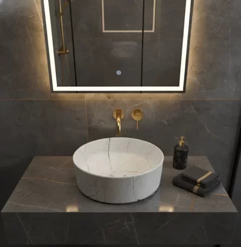 Lavoar Ceramic Rotund Alb cu Model Marmura Neagra a712-p429m