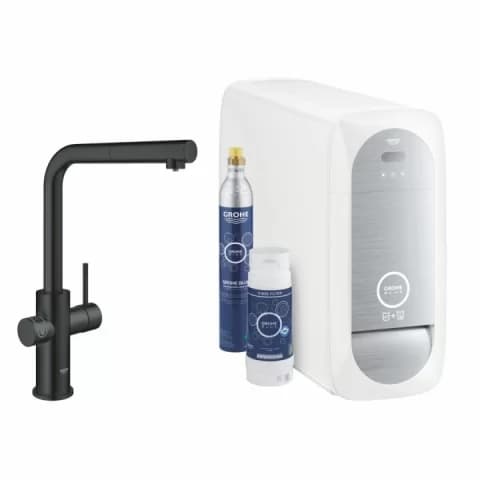 Baterie bucatarie Grohe Blue Home cu pipa tip L si kit Starter negru mat