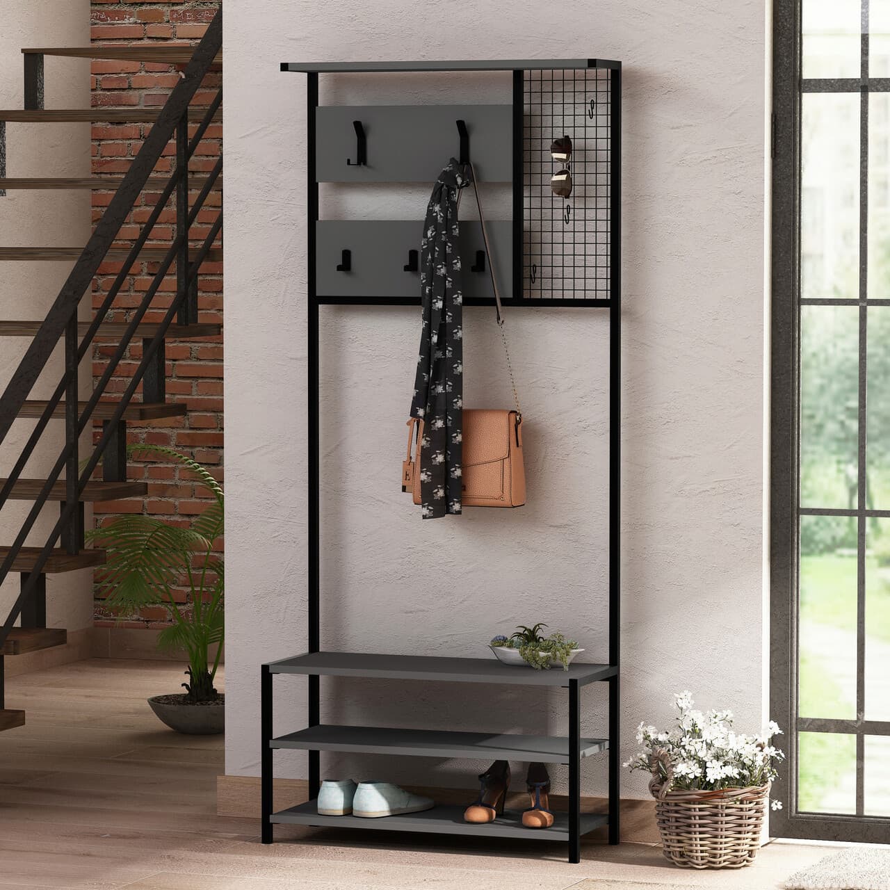 Cuier de perete, Hanah Home, Nomad Portmanto, 78x182x30 cm, Antracit / Negru