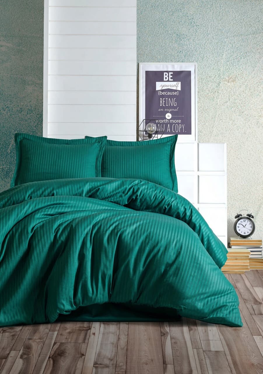 Lenjerie de pat dubla King (FR), L'essentiel Maison, Stripe, Bumbac Satinat, Verde petrol