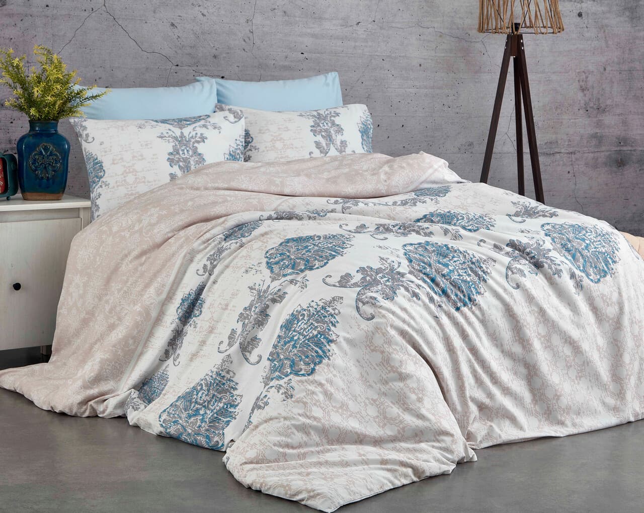 Lenjerie de pat dubla (DE), L'essentiel Maison, Daisy, Albastru / Alb / Gri