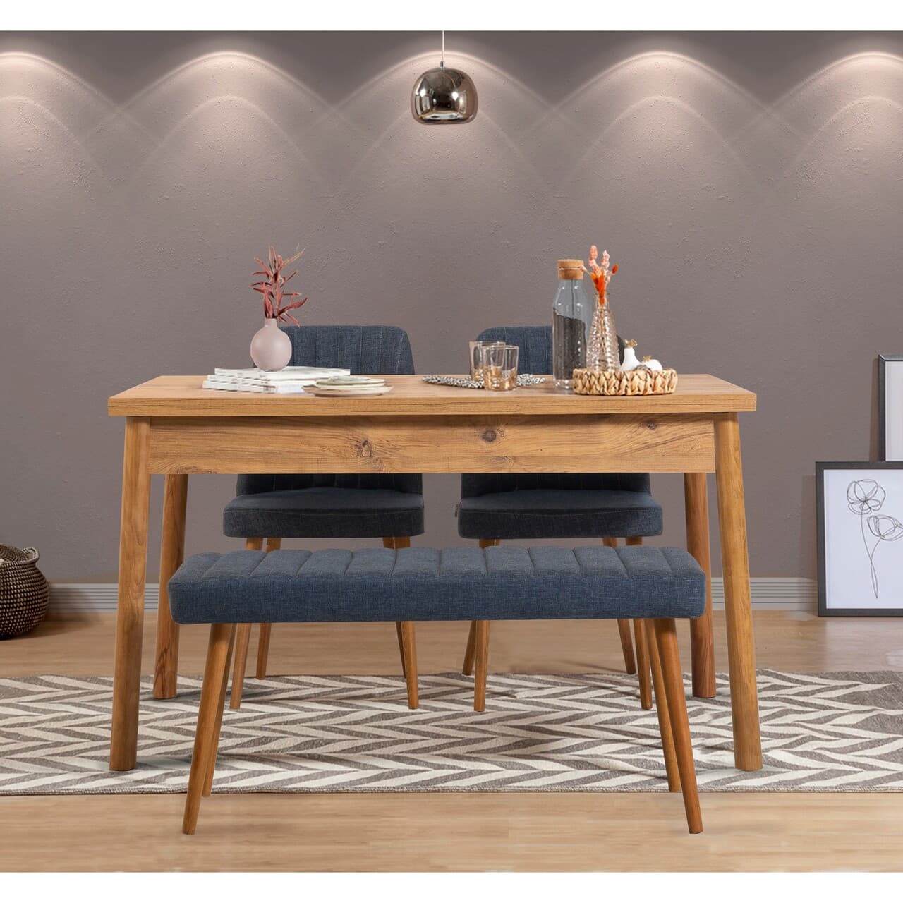 Set masa si scaune, 4 piese, Hanah Home, Costa Atlantic-Navy Blue, Pin Atlantic / Albastru Marin