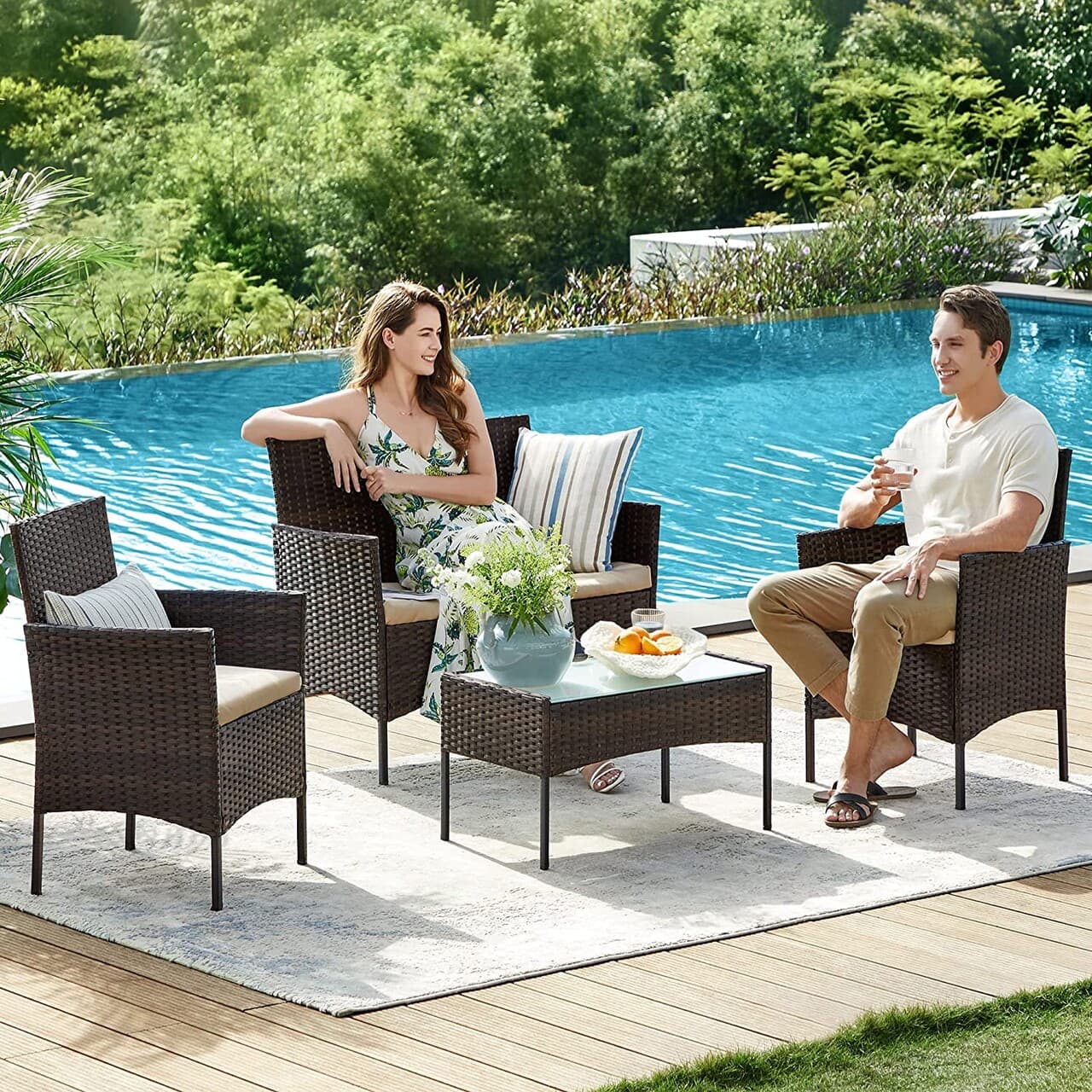 Set mobilier pentru gradina/terasa 4 piese, Lounge, otel/polietilena/sticla temperata, maro/grej