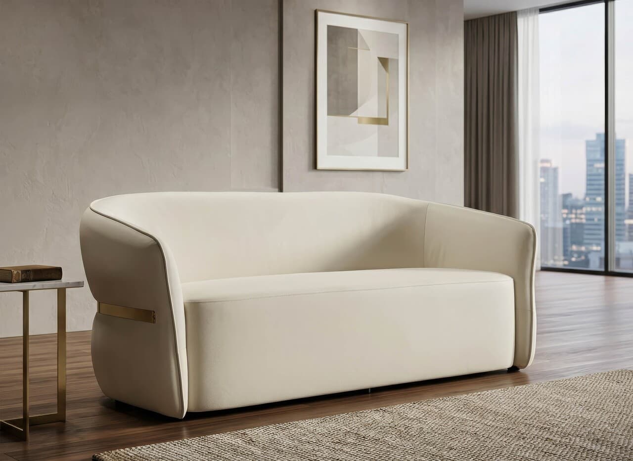 Canapea 2 locuri, Mauro Ferretti, Minsk, 160x84x77 cm, lemn de pin/piele ecologica, alb/auriu