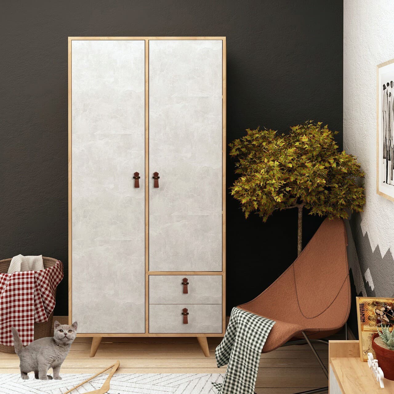 Dulap pentru haine, Hanah Home, Suwon, 100x190x52 cm, Stejar / Gri