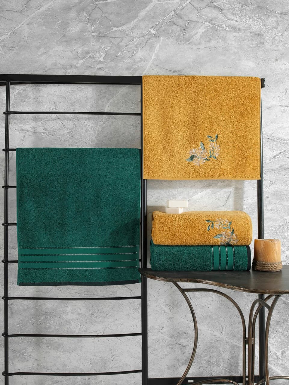 Set prosoape, L'essentiel Maison, Hamam Setı Colorful, Bumbac, Verde galben