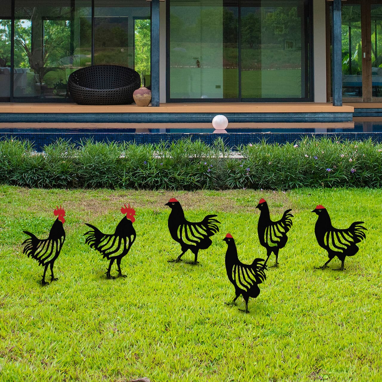 Set decoratiuni pentru gradina, Chicken Family 6, Negru