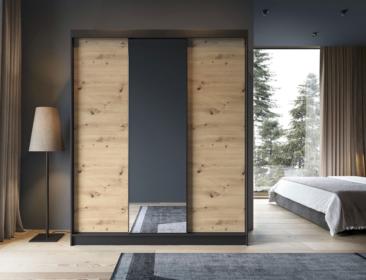 Dulap pentru haine cu oglinda ELTAP, Esville III, 180x60x220 cm, MDF/ABS, negru/stejar