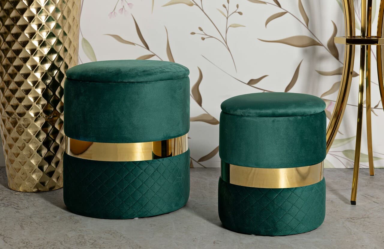 Set 2 taburete cu spatiu depozitare Sheffild, Mauro Ferretti, 37x42 cm, 28x35 cm, fier/MDf/poliester, verde