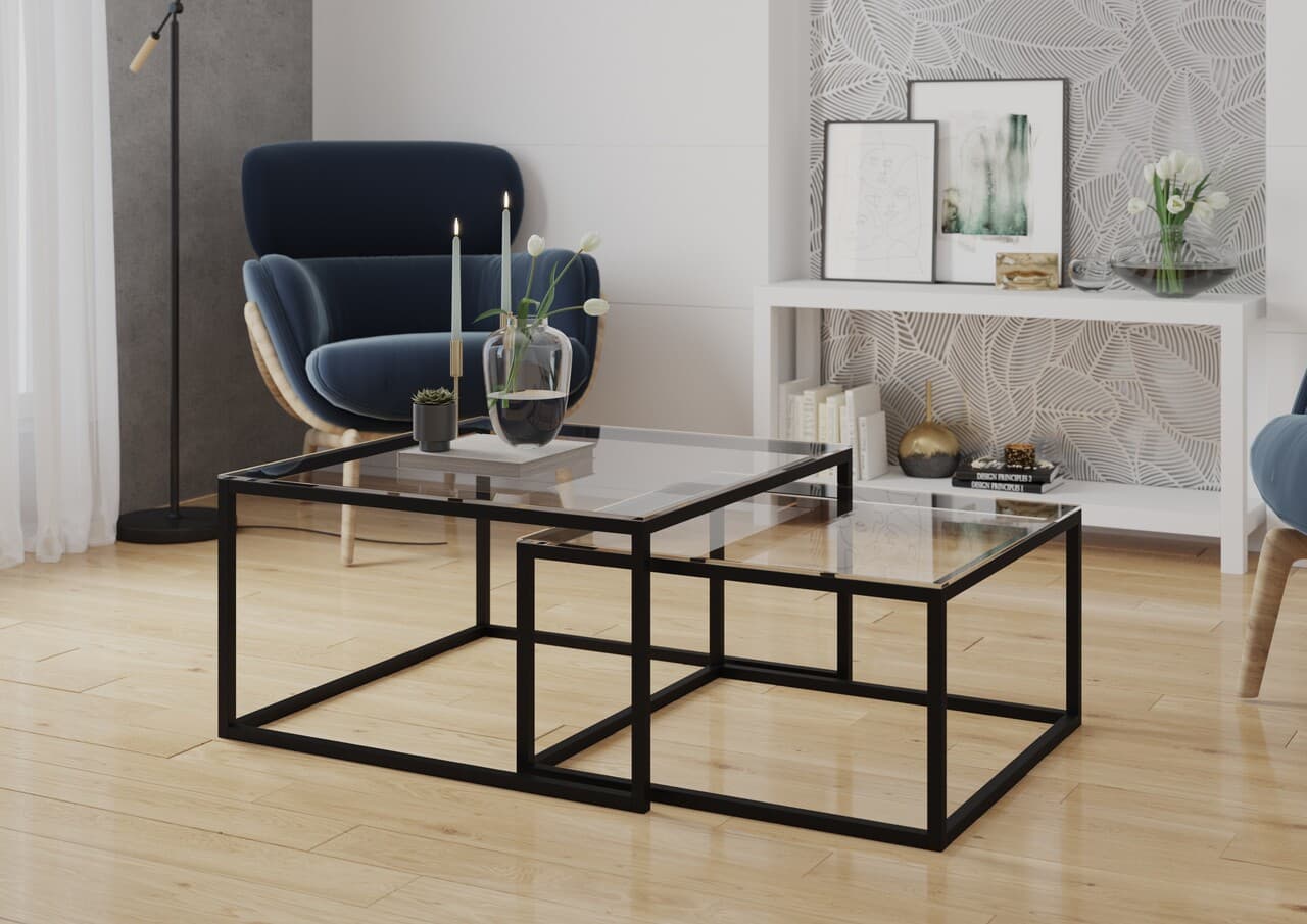 Masuta de cafea ELTAP, Stolik Cloue, 140x65/75x35/41 cm, metal/sticla, negru/transparent