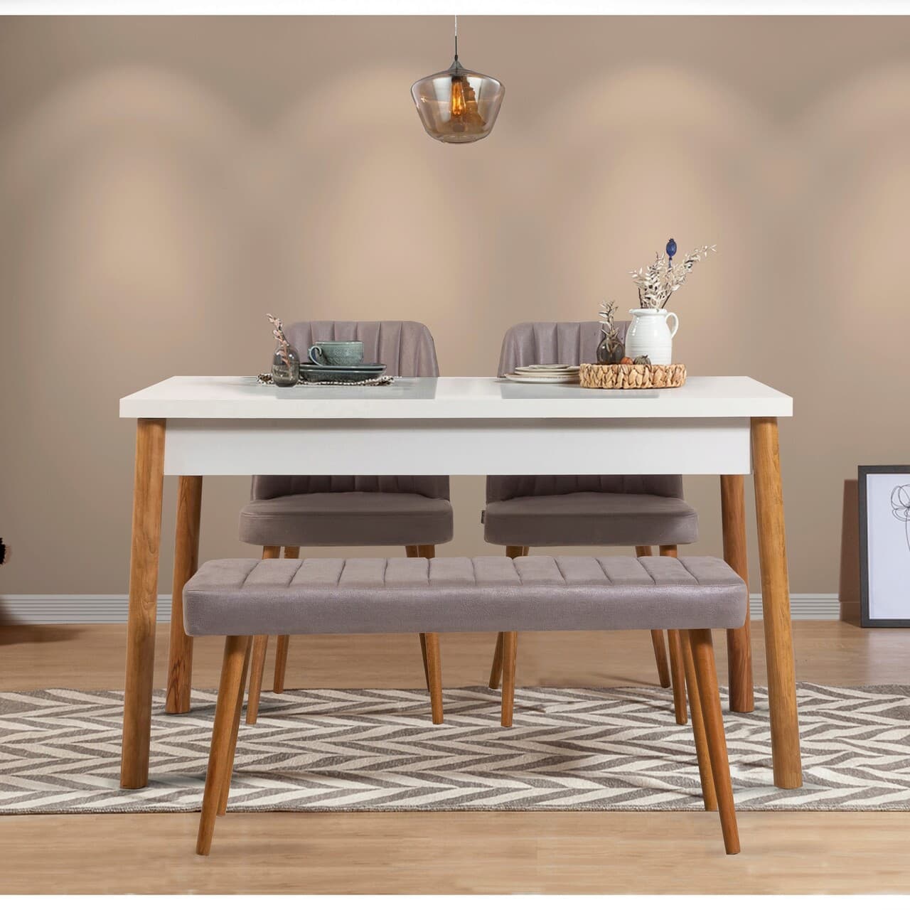 Set masa si scaune, 4 piese, Hanah Home, Costa Atlantice White-Grey, Pin Atlantic / Alb / Gri