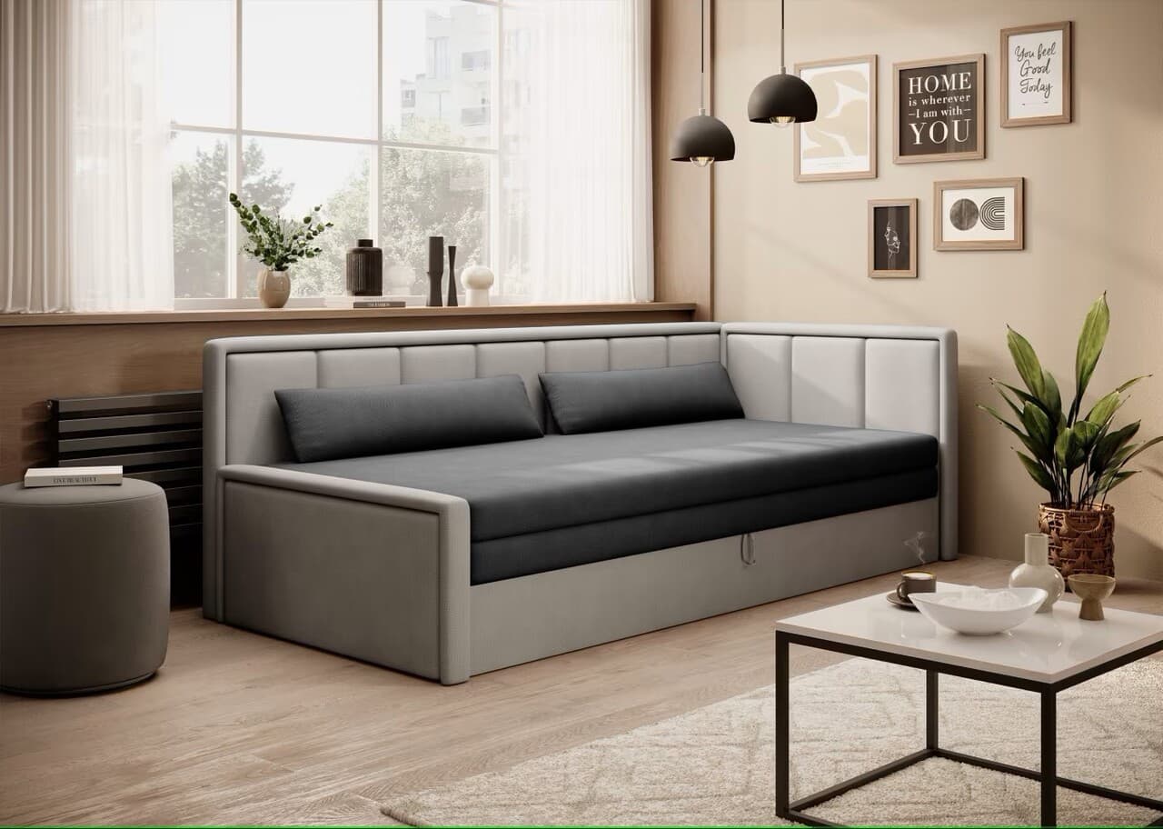 Canapea extensibila brat dreapta 3 locuri, ELTAP, Fulgeo, 214x82x77 cm, lemn/catifea din poliester, gri inchis/gri deschis