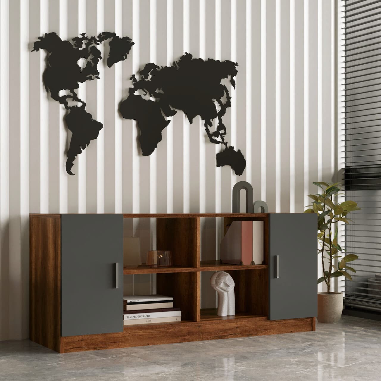 Dulap multifunctional, Hanah Home, Vo6-Ba, 139.8x61.8x46.3 cm, Nuc / Antracit