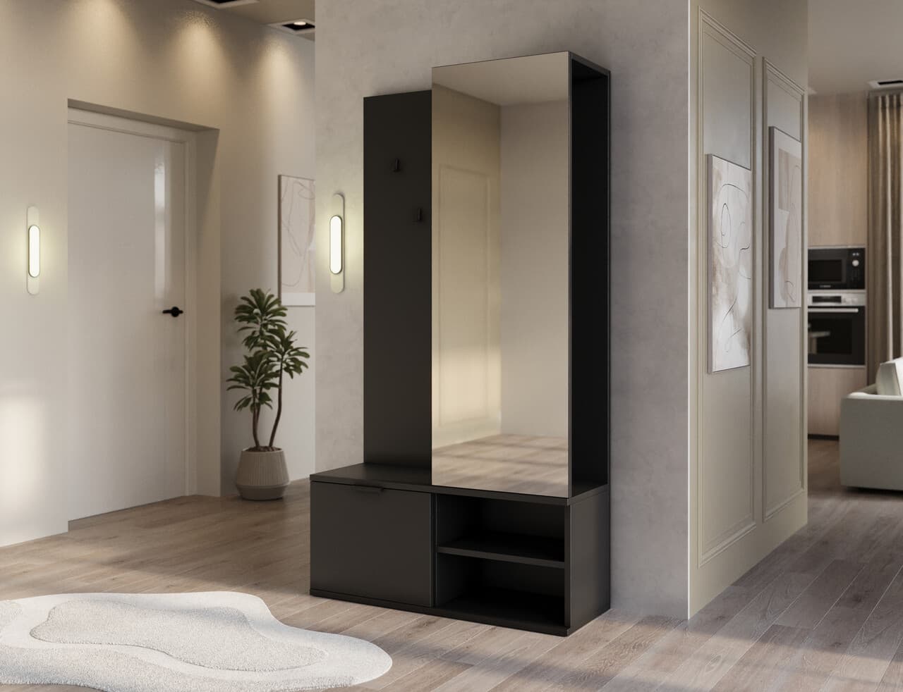 Dulap cu pantofar, cuier si oglinda ELTAP, Oturra, 100x35x189 cm, PAL, negru