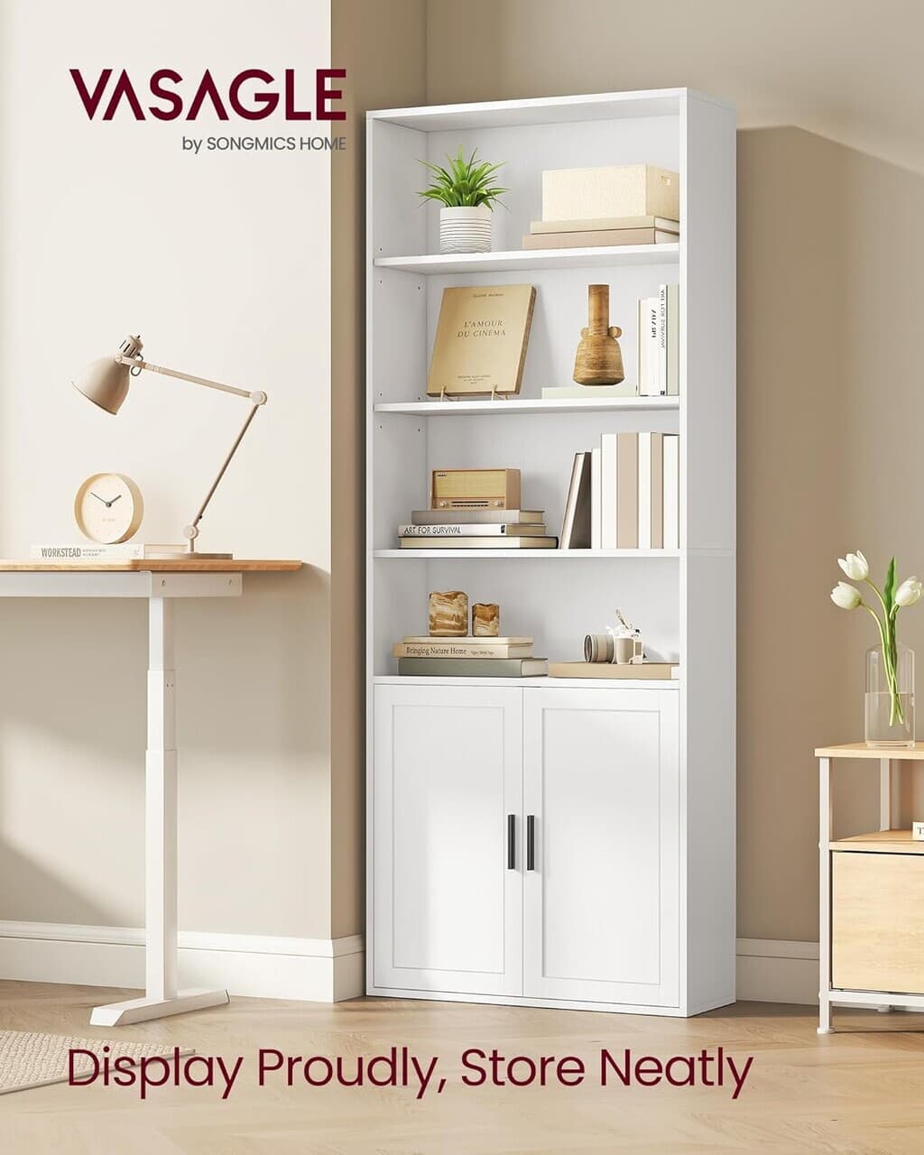 Biblioteca cu 6 niveluri, Vasagle, 60x24x175 cm, PAL/MDF, alb