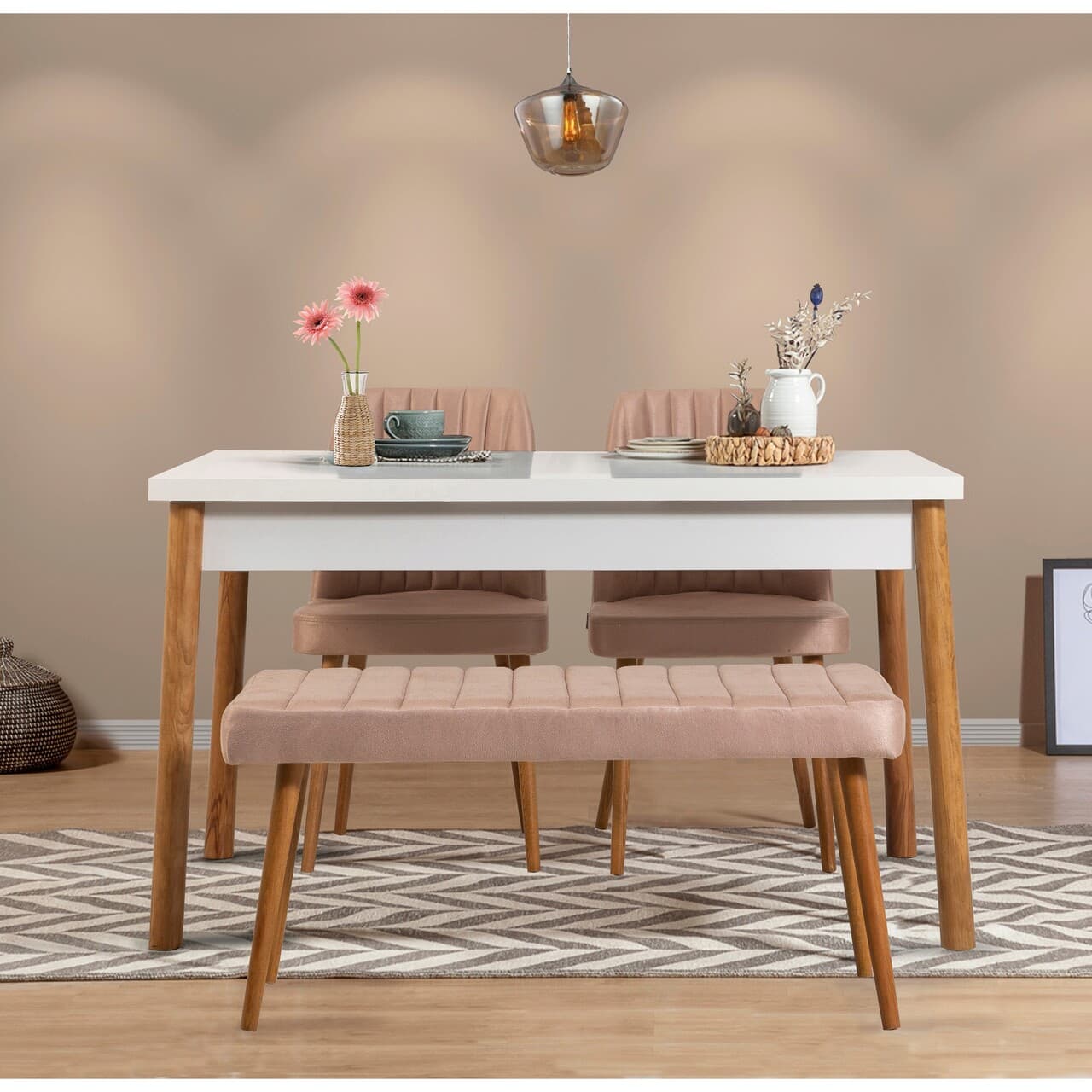 Set masa si scaune, 4 piese, Hanah Home, Costa Atlantic White-Stone, Pin Atlantic / Alb / Piatra