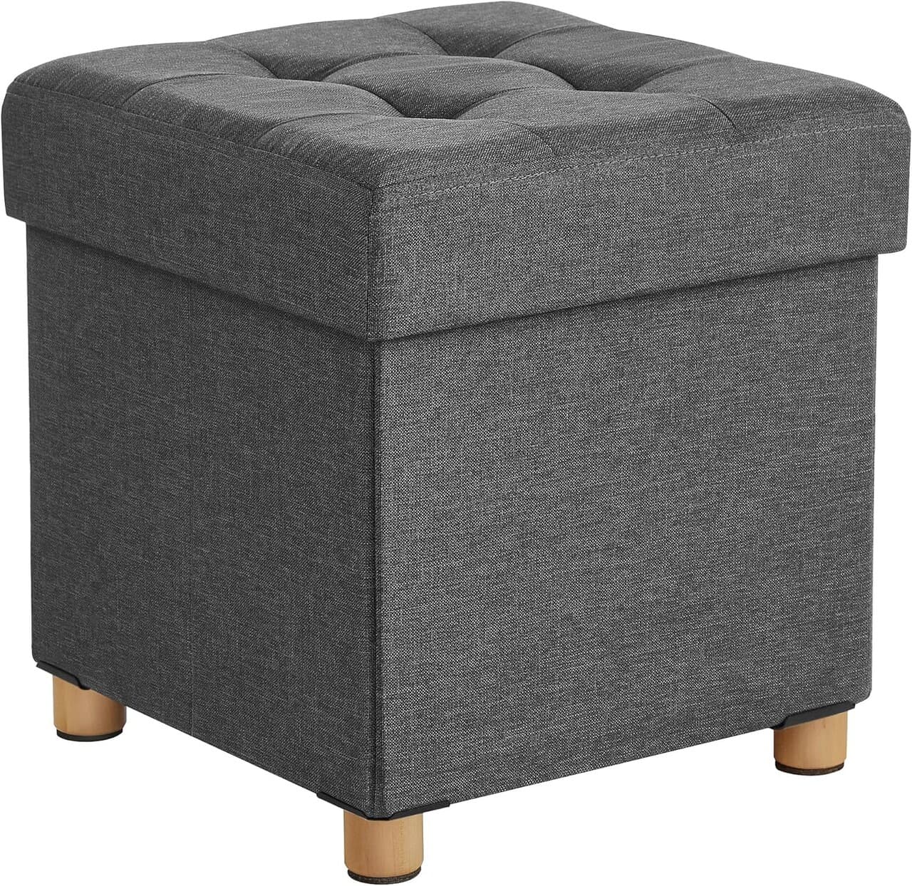 Taburet cu spatiu pentru depozitare Chesterfield, Songmics, 38 x 38 x 40 cm, tesatura aspect in/MDF, picioare din lemn, gri inchis