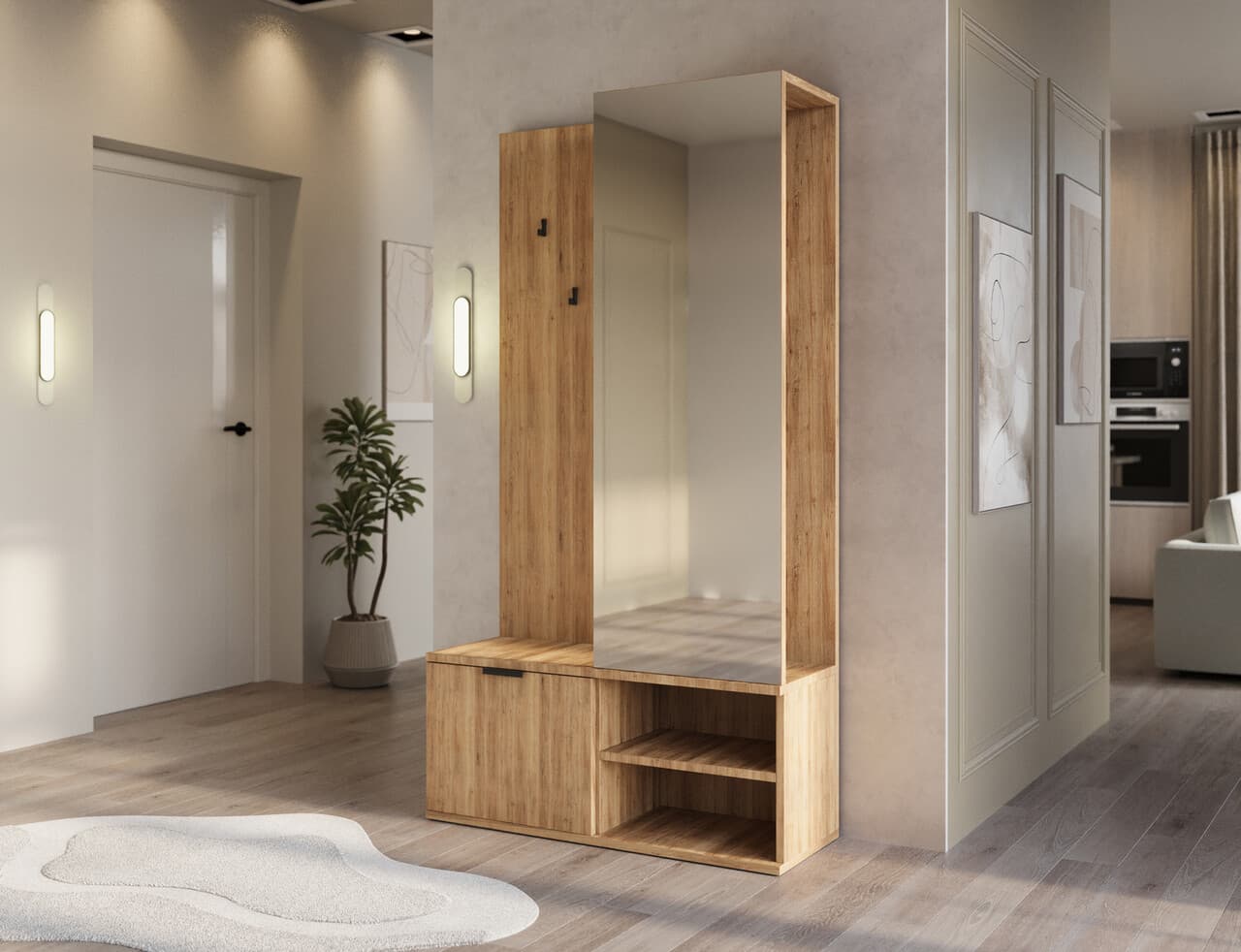 Dulap cu pantofar, cuier si oglinda ELTAP, Oturra, 100x35x189 cm, PAL, stejar