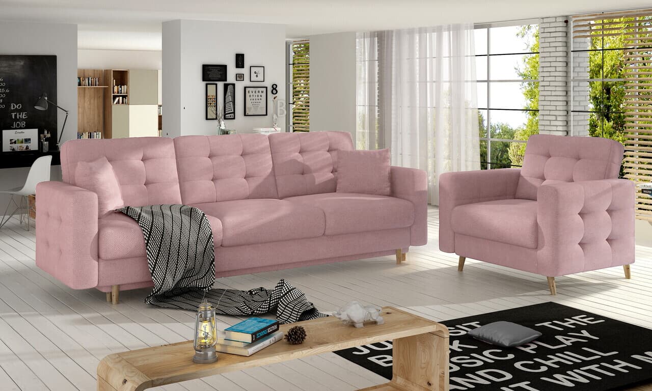 Set canapea extensibila 3 locuri si fotoliu ELTAP, Asgard, 235x95x86 cm / 107x92x86 cm, lemn/poliester, roz