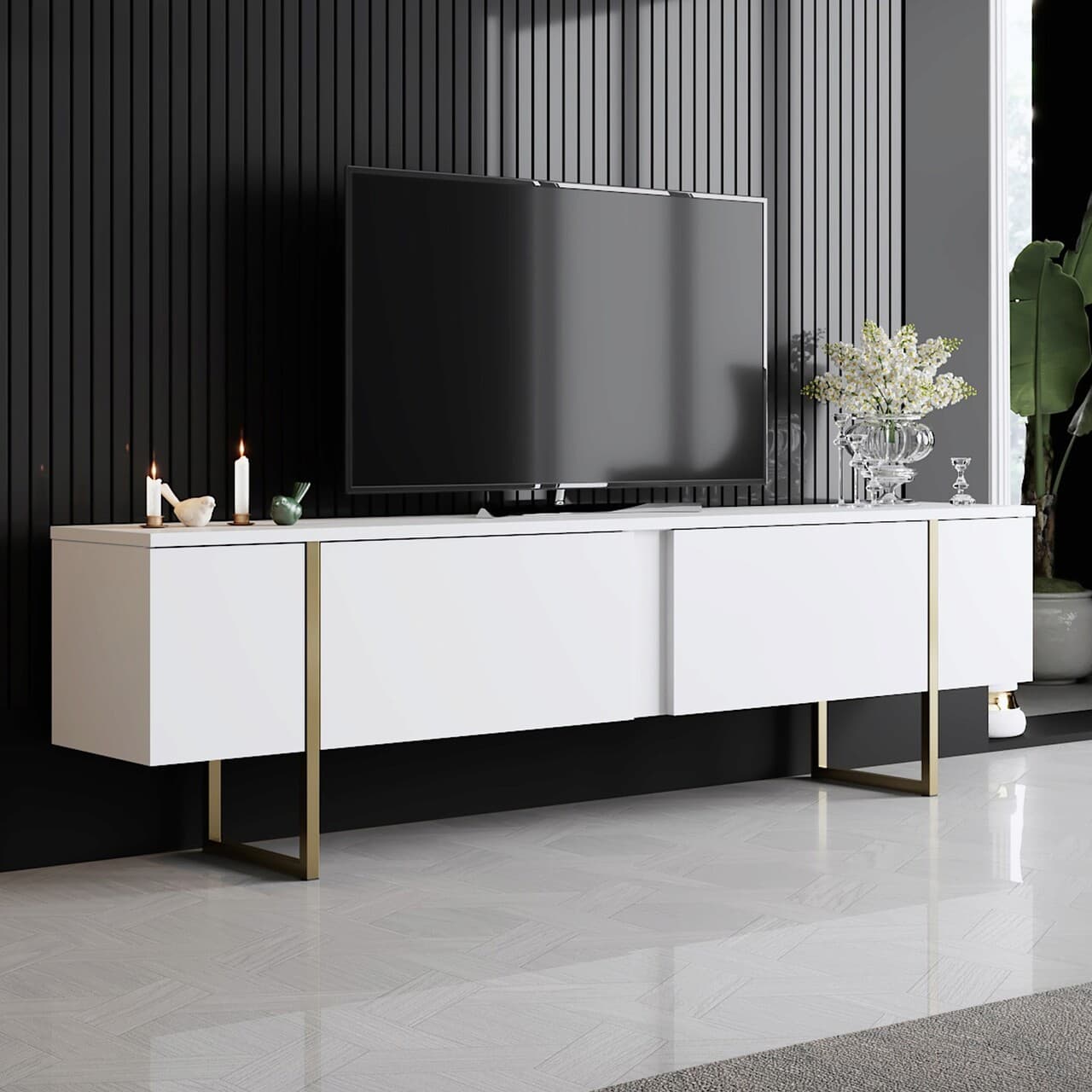 Comoda TV, Hanah Home, Luxe, 180x30x50 cm, Alb/Auriu
