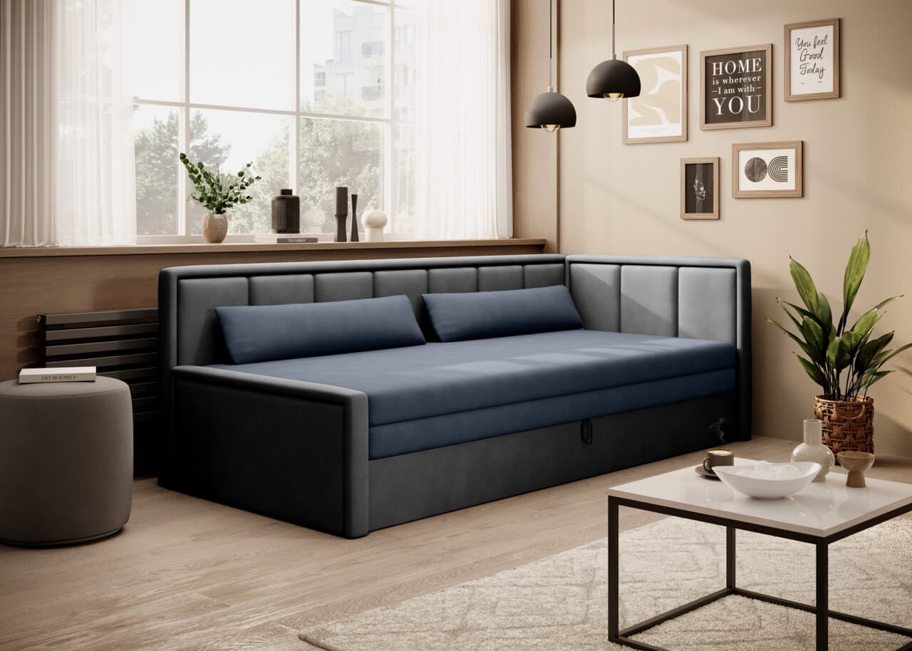 Canapea extensibila brat dreapta 3 locuri, ELTAP, Fulgeo, 214x82x77 cm, lemn/catifea din poliester, albastru inchis/gri