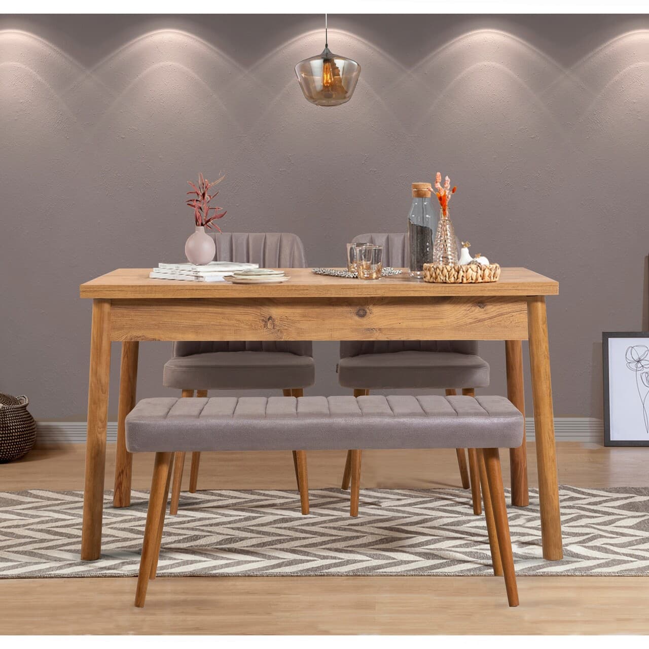 Set masa si scaune, 4 piese, Hanah Home, Costa Atlantice-Grey, Pin Atlantic / Gri