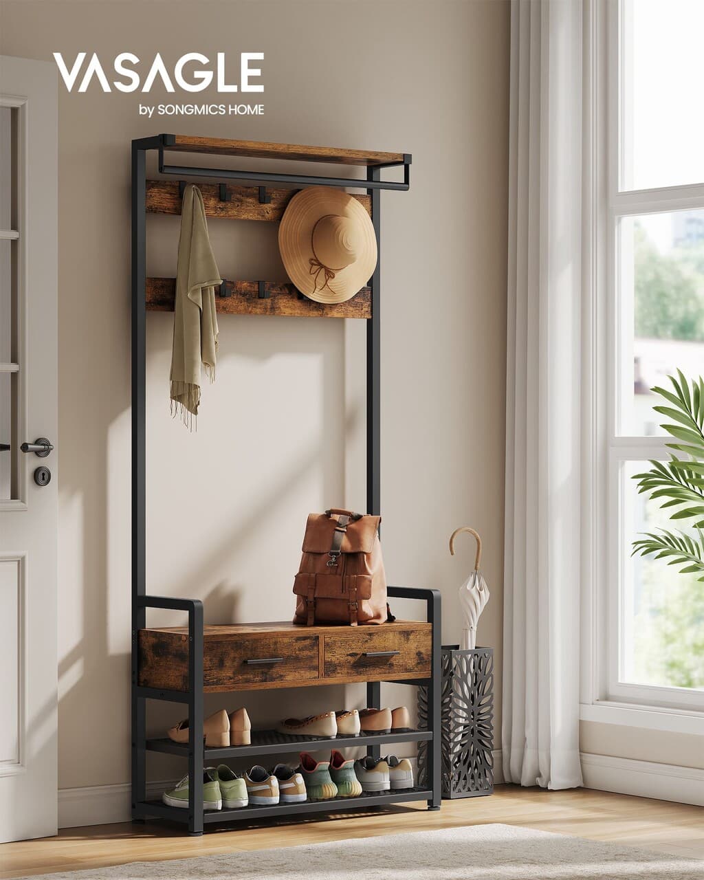 Cuier cu sertare si pantofar, Vasagle, 80.4x30x181.6 cm, PAL/otel, maro rustic