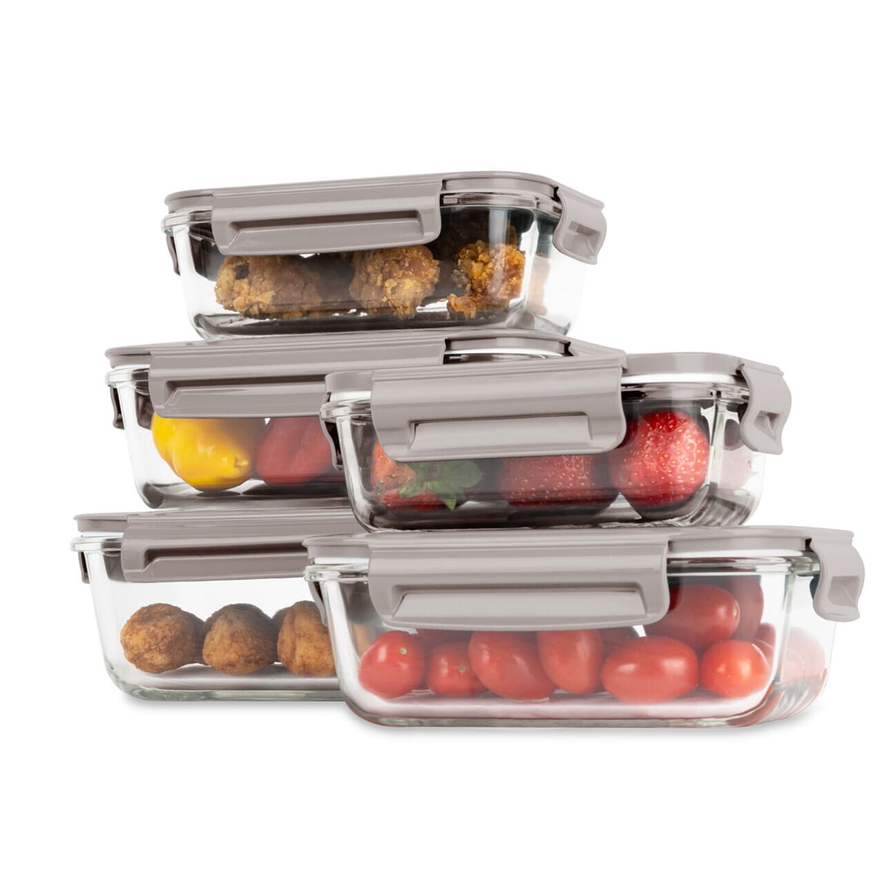 Set 5 caserole cu capac Berlinger Haus, Taupe, 370 ml / 640 ml / 1.04 L / 1.52 L, sticla/plastic, taupe/transparent