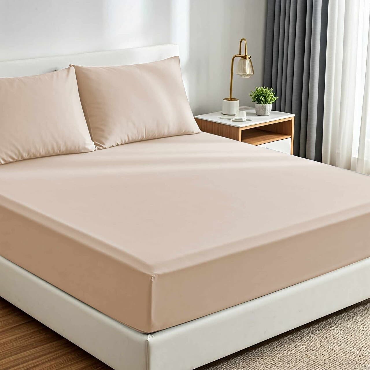 set de pat dublu cearceaf cu elastic si perne 3 piese l 039 essentiel maison muslin 180 bej