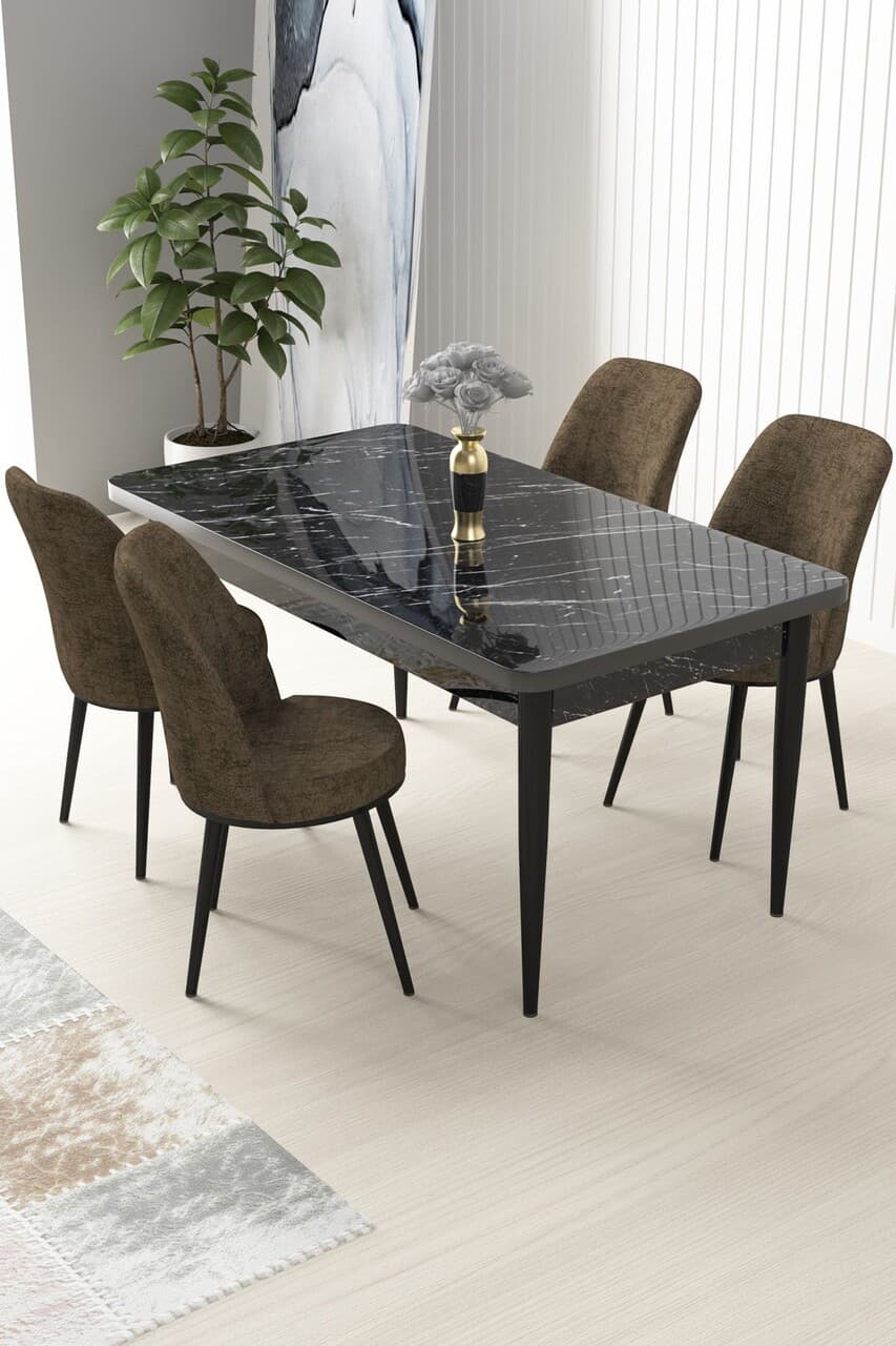 Set masa si scaune (5 bucati), Hanah Home, Nil, Marmura neagra / Maro