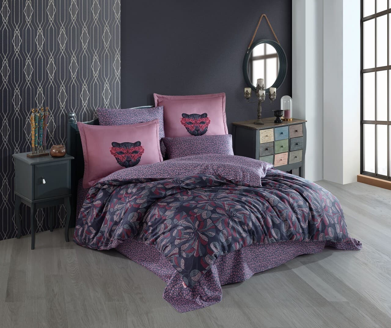 Lenjerie de pat dubla, L'essentiel Maison, Caprice, Roz / Mov / Verde / Albastru inchis