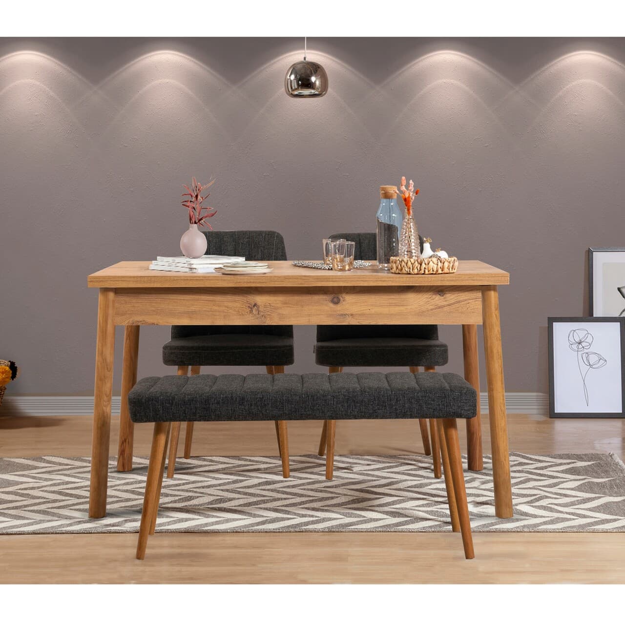 Set masa si scaune, 4 piese, Hanah Home, Costa Atlantice-Anthracite, Pin Atlantic / Antracit
