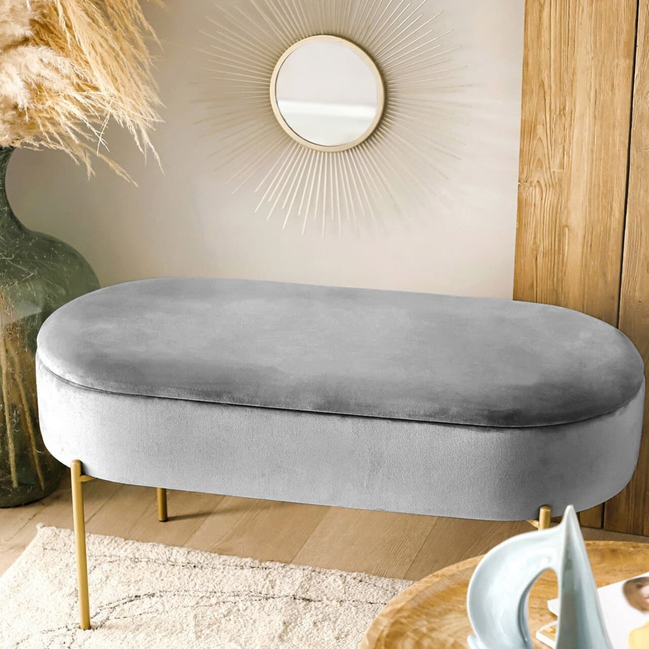 Bancheta cu spatiu pentru depozitare Layla, Homla, 91.5x41x46.5 cm, MDF/metal/catifea, gri