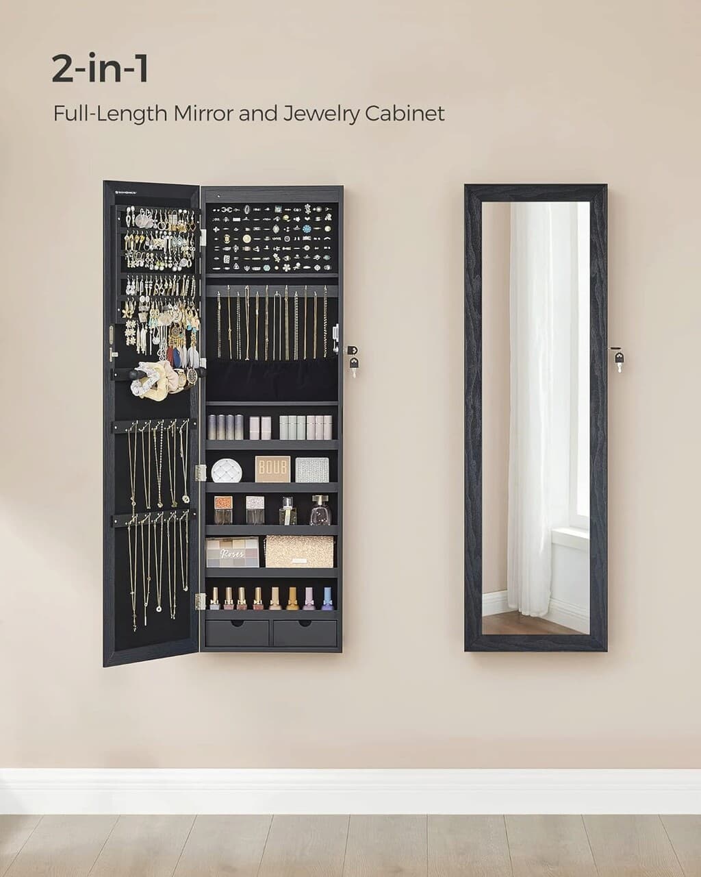 Cabinet pentru bijuterii cu oglinda si fixare usa/perete Songmics, 36.7 x 10 x 120 cm, PAL, negru