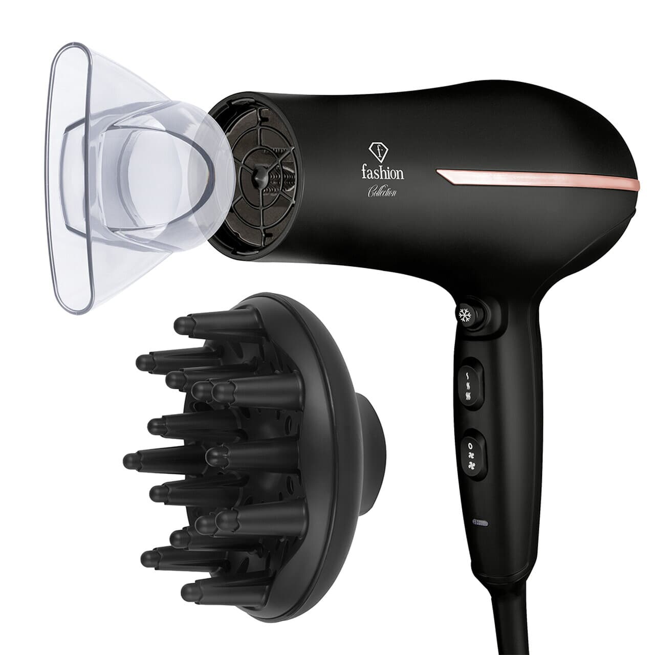 Uscator de par profesional Fashion TV, Matte Black-Rose Gold, 1950-2300W, 2 viteze, 3 trepte de temperatura, negru