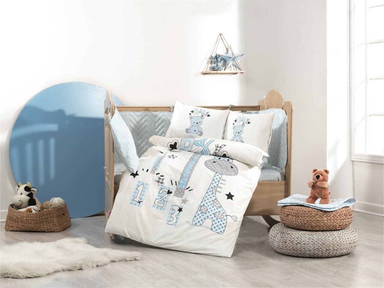 Lenjerie de pat pentru copii 4 piese, L'essentiel Maison, Buddy, Albastru/Alb