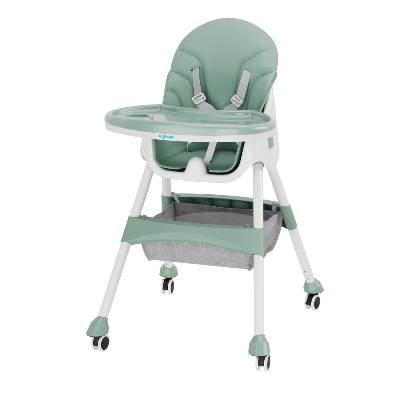 Scaun de masa pentru bebelusi 2 in 1, U-Grow, 43x27x50.5 cm, piele ecologica/textil, alb/verde