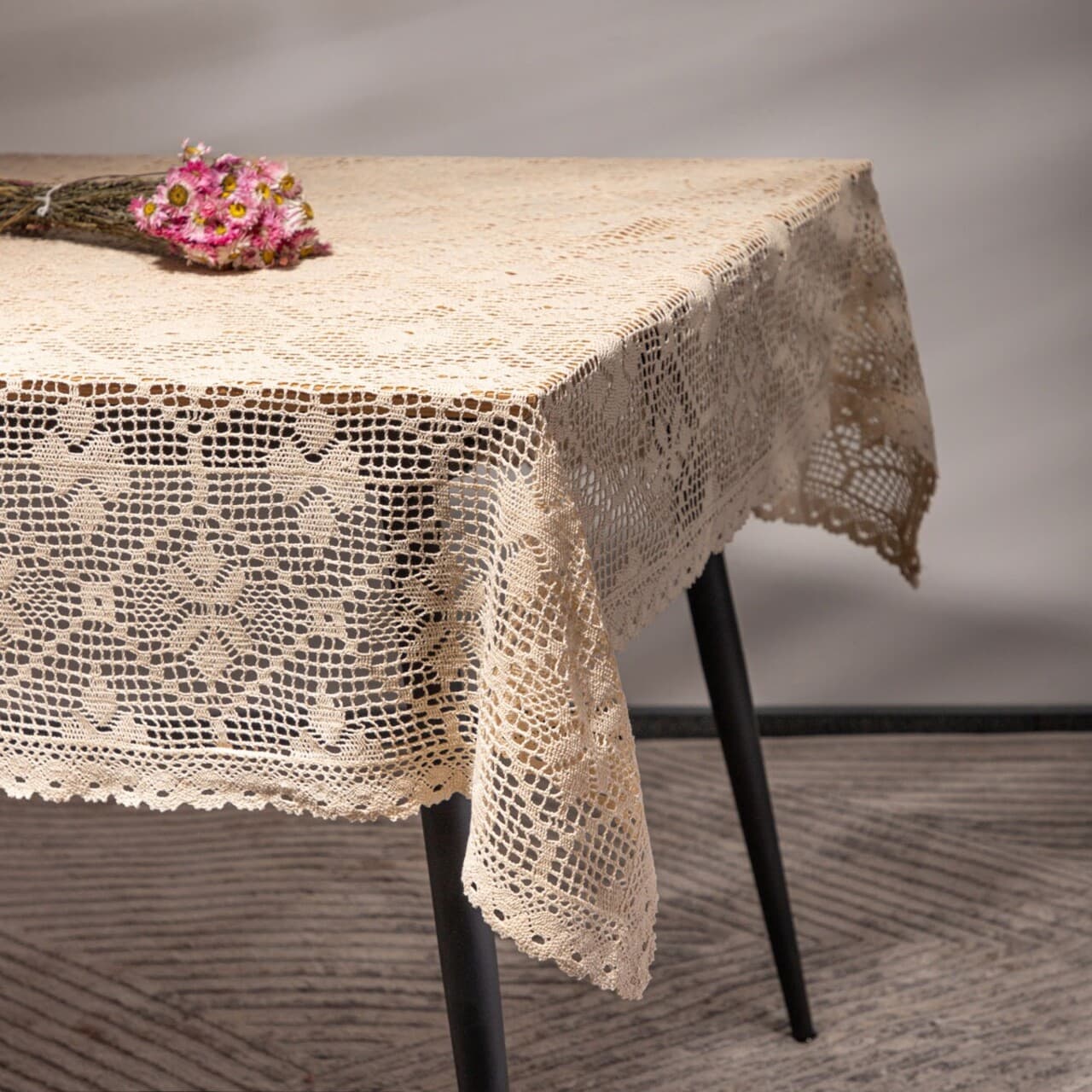 Fata de masa Crochet, Homla, 130x170 cm, bumbac/poliester, bej