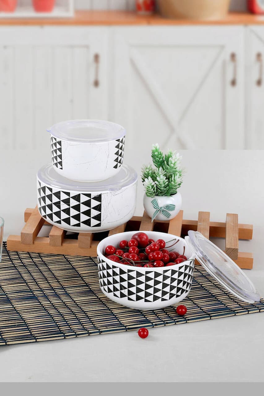 Set cutii de depozitare din ceramica, Hermia, 275KRM1222, Prietenos cu mediul, Alb/Negru